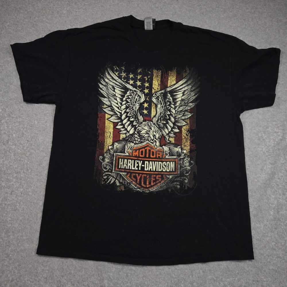 Harley-Davidson T Shirt Mens XL Black Eagle American Flag Wisconsin Oconomowoc